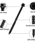 Heavy Hitter Deck Screws 14 X 4 Inch Hex Head Wood Structural Fasteners showing hex head, serrated threads, and self-drilling tip.