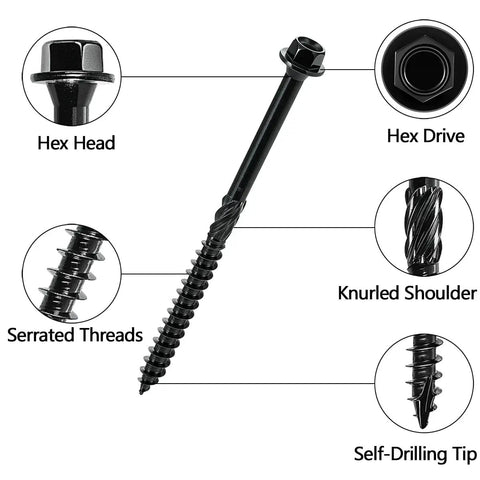 Heavy Hitter Deck Screws 14 X 4 Inch Hex Head Wood Structural Fasteners showing hex head, serrated threads, and self-drilling tip.