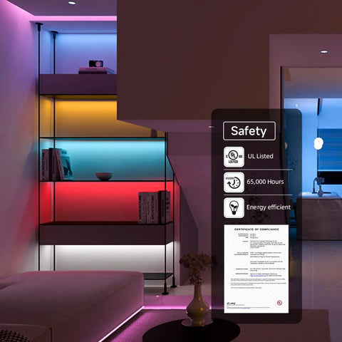 Room with Ultra Bright FCOB RGB LED Strip Light 810 LEDs Per Meter High Density Flexible Color Changing Tape for Bedroom and Cabinet Decor 16.4 Ft DC12V 10mm Wide UL Listed No Adapter or Controller Needed illuminating shelves