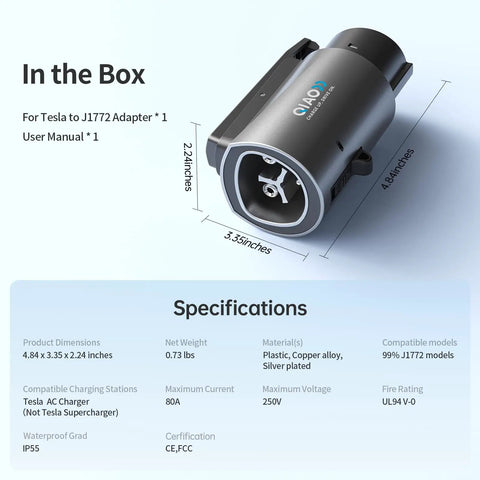 Hassle Free Tesla To J1772 Charging Adapter Max 80 Amps, showing dimensions and specifications for seamless usability.