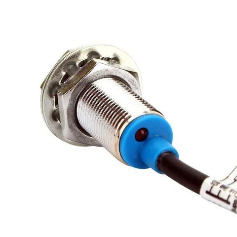 Hall Effect Proximity Sensor Switch NPN 3 Wire Normally Open With Magnet, metal cylinder with blue casing and wires