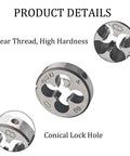 Left Hand M10 X 1.0 Tap And Die Set High Speed Steel Threading Kit showing die details, conical lock hole, clear thread, high hardness.