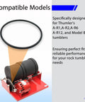 Rock Tumbler Drive Belt For Thumler's A-R1, A-R2, A-R3, A-R6, A-R12 And Model B401 Tumblers, shown beside tumbler setup