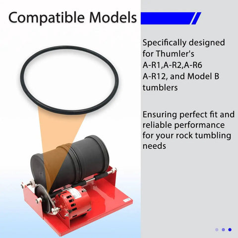 Rock Tumbler Drive Belt For Thumler's A-R1, A-R2, A-R3, A-R6, A-R12 And Model B401 Tumblers, shown beside tumbler setup