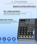 4 Channel Digital USB Bluetooth Pro Audio Mixer With MP3 Playback, USB Flash and PC Input, 48V Phantom Power and buttons visible