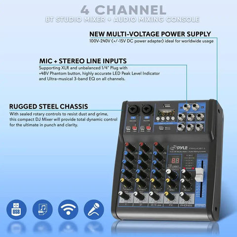 4 Channel Digital USB Bluetooth Pro Audio Mixer With MP3 Playback, USB Flash and PC Input, 48V Phantom Power and buttons visible