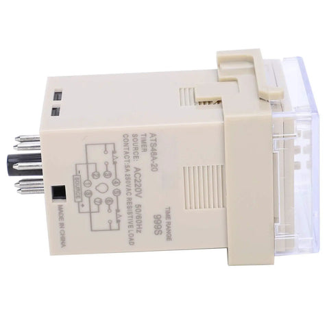 3D LED Digital Time Relay For AC220V Industrial Automation, Adjustable Timing And Cycle Delay Control Unit, Digital Setting Interface, Pro Grade Delay Module For Machinery And Equipment, beige side view with pins
