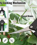 Two Pack Curved Blade Garden Pruners, Lightweight 6.5 Inch Pruning Shears With Ergonomic Non Slip Grips displayed on plants with safety lock and stainless steel blades.