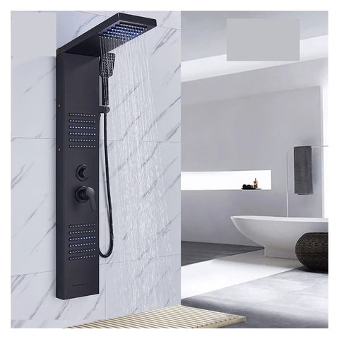 RIBEUJIZS Digital Shower System, Matte Black LED Shower Panel Waterfall Rain Faucet Set with hand shower and body jets.