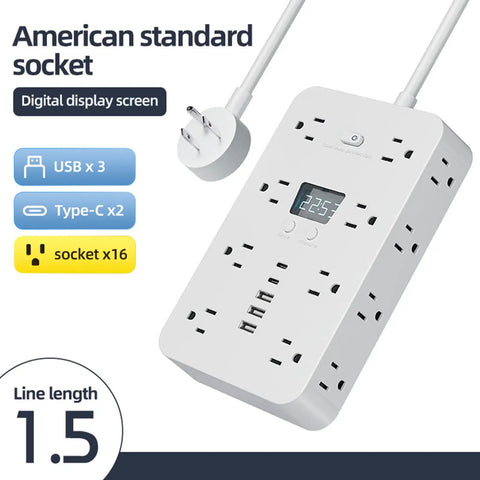 Total Game Changer Flat Power Strip With Eleven AC Outlets And Three Smart USB Chargers Saves Serious Space Behind Desks Or Dressers Perfect For College Dorms Home Offices And Weekend Getaways Always Works, showing 16 sockets and 3 USB ports.