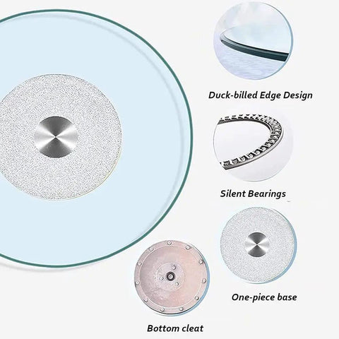 Rotating Lazy Susan Turntable with tempered glass surface showing detailed features like edge design, silent bearings, and base.