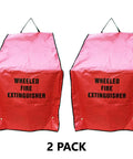 Heavy Duty Weatherproof Rolling Fire Extinguisher Covers Two Pack Fits 50 Lb Units, red covers with label for wheeled extinguishers.
