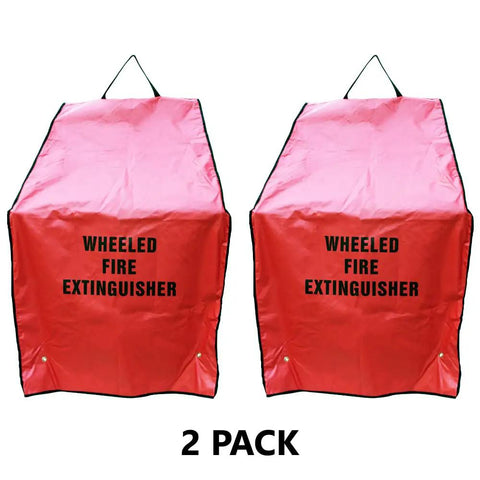 Heavy Duty Weatherproof Rolling Fire Extinguisher Covers Two Pack Fits 50 Lb Units, red covers with label for wheeled extinguishers.