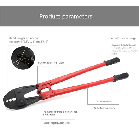 30 Inch Hand Swager Swaging Crimping Tool For Wire Rope Cable 5/32 Inch 1/4 Inch And 5/16 Inch with red handles.