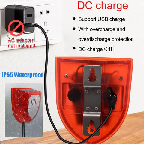 Rear view of All Weather Water Level Alarm with Dual Probes, showing DC charge input and IP55 waterproof label, plugged into an outlet.