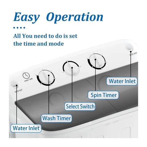 Easy Peasy Portable Twin Tub Washing Machine With Quick Timer Controls for dorms showing timers and water inlet features.