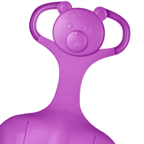 Purple Downhill Snow Sled With Handle For Kids And Adults, Large Luge Style, close-up of bear-shaped handle design.