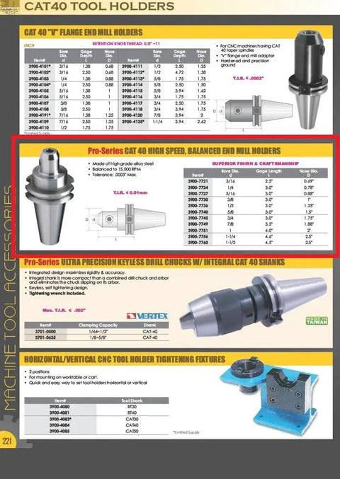 Diagram and details of Pro Grade 3/16 Cat 40 V Flange End Mill Holder with 2.5 Inch Gage Depth, CNC machining tool