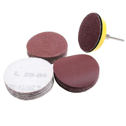 100 Pack 2 Inch Sanding Discs Kit With Polishing Pad Plate, Assorted Grits 40 Through 400, stacks of discs and polishing pad visible