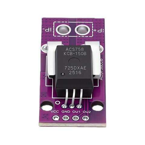 Rock Hard Hall Current Sensor Module Rated At One Hundred Fifty Amps Made For Motor Control Circuit Designs And Garage Builds Featuring Ten Millivolt Per Amp Sensitivity circuit board top view with black chip.