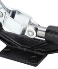 Close-up of Horizontal Push Pull Toggle Clamp Killer Grip Quick Release Heavy Duty Workshop Fixture With Flange Mount for woodworking.