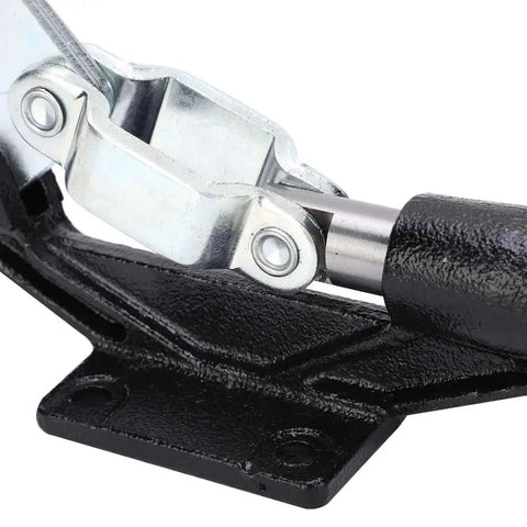 Close-up of Horizontal Push Pull Toggle Clamp Killer Grip Quick Release Heavy Duty Workshop Fixture With Flange Mount for woodworking.