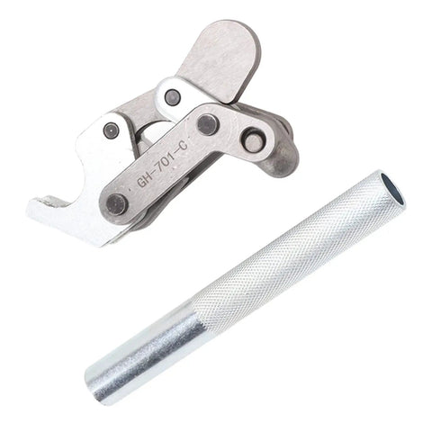 Beefy Hold Down Bench Clamp for Doors Machinery and Automotive Workbench Use 200kg Holding Force with high-carbon steel handle.