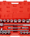 Top Grade 3/4 Inch Drive Impact Socket Set With Ratchet And Breaker Bar Featuring 26 Piece Heavy Duty SAE Deep 6 Point Steel Sockets Plus Extensions For Auto Repair Big Jobs And Industrial Use open red case with sockets, ratchet, breaker bar, and extensions