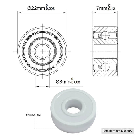 Technical diagram and image of Full Ceramic 608 Bearing 8x22x7mm With Double Rubber Seals For Ultra High Speed And Ultra Smooth Drop In Replacement