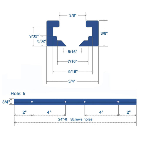 Dimensions of Premium Strike Two Pack Twenty Four Inch Extruded Anodized Aluminum T Tracks with screw hole layout.