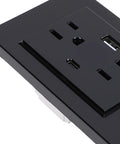 Heavy Duty 3 Prong Wall Outlet With Quick Charge Usb Ports Built Like A Tank showing dual plugs and USB ports in a sleek black design.