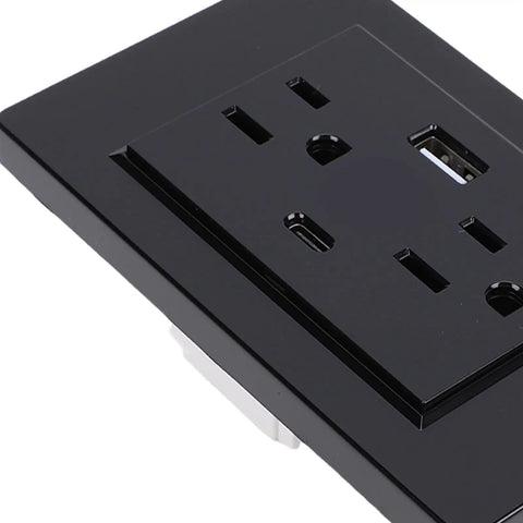 Heavy Duty 3 Prong Wall Outlet With Quick Charge Usb Ports Built Like A Tank showing dual plugs and USB ports in a sleek black design.