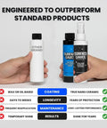 Comparison of two hands holding Nano Ceramic Multi Surface Sealer and other product against text chart