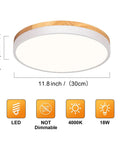 Modern Wood Trim LED Ceiling Light Fixture Sleek Round Flush Mount Not Dimmable 4000K Neutral White Glow With Size Details