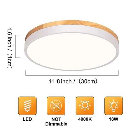 Modern Wood Trim LED Ceiling Light Fixture Sleek Round Flush Mount Not Dimmable 4000K Neutral White Glow With Size Details