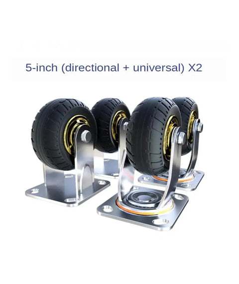 Four Pack Of Eight Inch Heavy Duty Rubber Swivel Casters That Roll Like Butter Stem Mount Design With Solid Directional Brake Combo For Hassle Free Shop Cart Upgrades, showing 5-inch wheels with metallic frames.