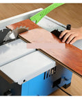 Heavy Duty Eight Inch Woodworking Table Saw With Multi Function Sliding Table And No Sweat Dust Collection For Rock Solid Precision Cuts 1800 Watt Motor, close-up of the blade and wood.