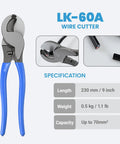 Diagram of blue-handled LK-60A wire cutter with specifications, part of All In One Battery Cable Lug Crimper Kit With Heavy Duty Wire Cutter And Heat Shrink Tubing Includes 60 Copper Lugs For Sizes From AWG 10 Up To One Zero Gauge Ideal For Golf Carts Boats Solar Panels And Any Vehicle Wiring.