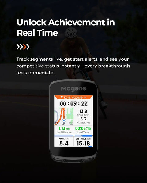 Pro GPS Bike Computer With 2.8 Inch Transflective Screen, showing live Climb Pro metrics on a bike path in daytime