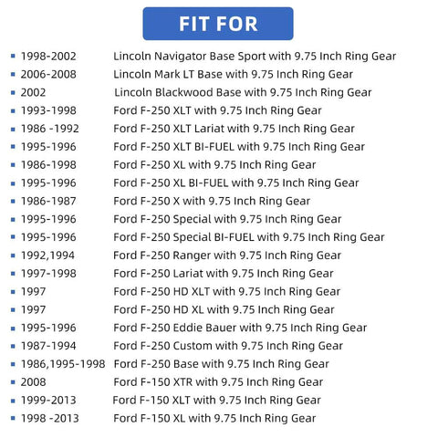 List of Ford models compatible with Rear Axle Bearing and Wheel Seal Driver and Passenger Kit for 9.75 Inch Ring Gear applications.