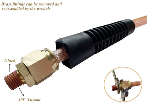 Polyurethane Reinforced Air Hose Three Eighths Inch ID, 100 Foot, 300 PSI, brass fitting, bend restrictor, close-up view