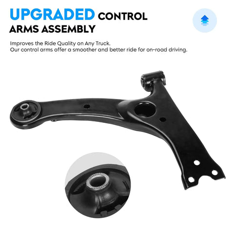 Beefy Front Suspension Kit for Toyota Corolla 2003 to 2008 Featuring Lower Control Arms Ball Joints Sway Bar Links and Tie Rods 10 Piece Set Heavy Duty OE Style Replacement Ready to Install and Built for Smooth Rides. Black steel control arm with bushings