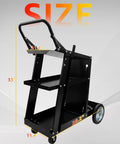 Heavy Duty Welding Cart For MIG TIG Welders And Plasma Cutters With 3 Tilt Table Layers featuring dimensions and rolling wheels.