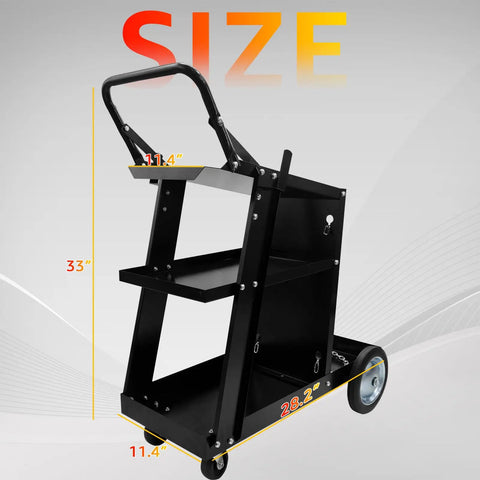 Heavy Duty Welding Cart For MIG TIG Welders And Plasma Cutters With 3 Tilt Table Layers featuring dimensions and rolling wheels.