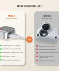 Comparison of MOCA rechargeable plug vs battery-operated device highlighting benefits of rechargeable option.