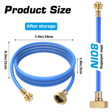 Outdoor Patio Misting System With Anti Clog Brass Nozzles, 80 inch blue hose coiled and extended with brass fittings