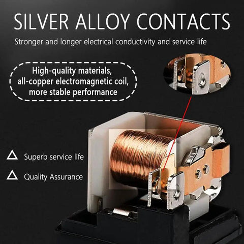 Close-up of the 40Amp 12V 4 Pin Car Relay showing silver alloy contacts and copper coil for high performance.