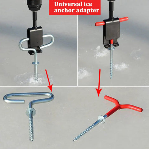 Ice Anchor Power Drill Adapter For Ice Shelters And Tents, Quick Ice Fishing Anchor Driver in use with steel design.