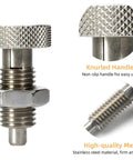 Heavy Duty Spring Plunger Pair With Zero Hassle Knurled Grip Solid Stainless Steel Quick Release Pin M6 Lock Out Assembly close-up view.