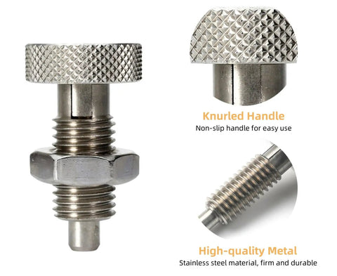 Heavy Duty Spring Plunger Pair With Zero Hassle Knurled Grip Solid Stainless Steel Quick Release Pin M6 Lock Out Assembly close-up view.